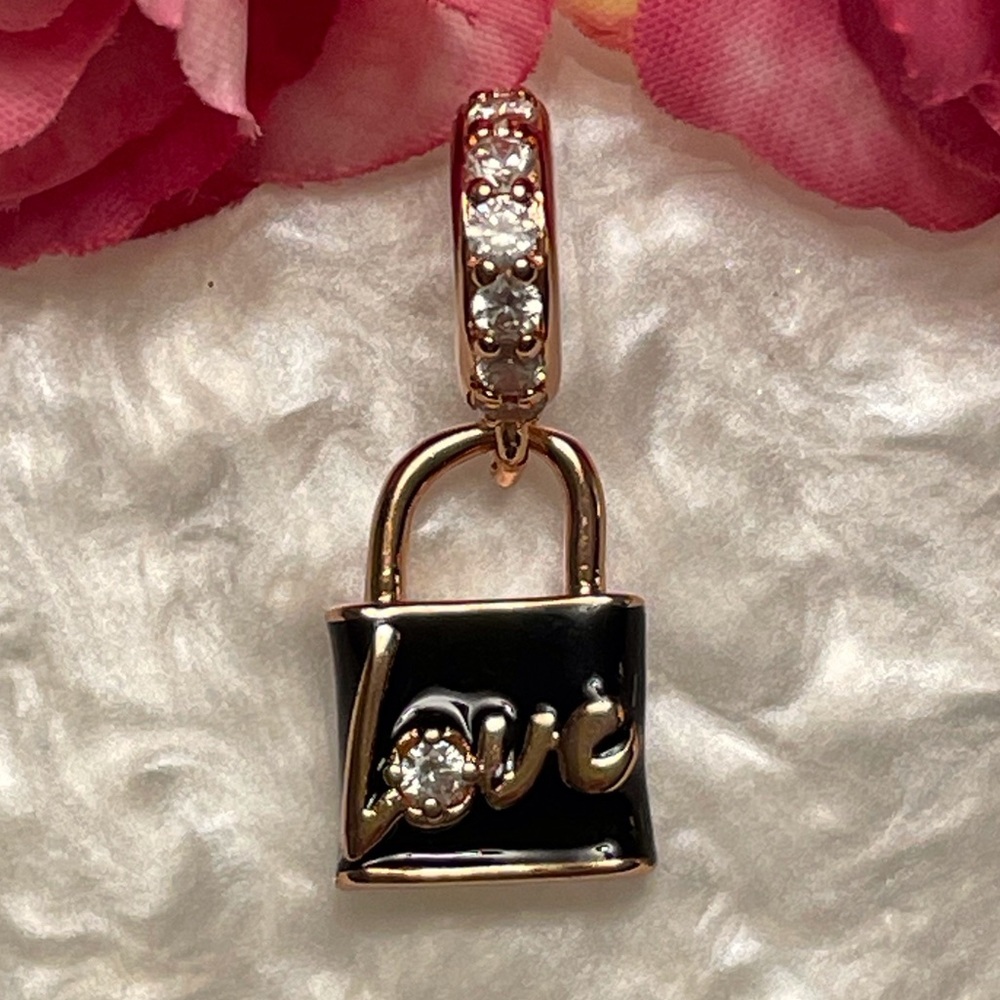 Bracelet Charm Rose Gold Love Lock with Rhinestones